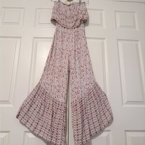 Japna Cream Floral Straplesd Wide-Leg Jumpsuit